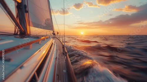 A view of a sailboat in the ocean at sunset, AI photo