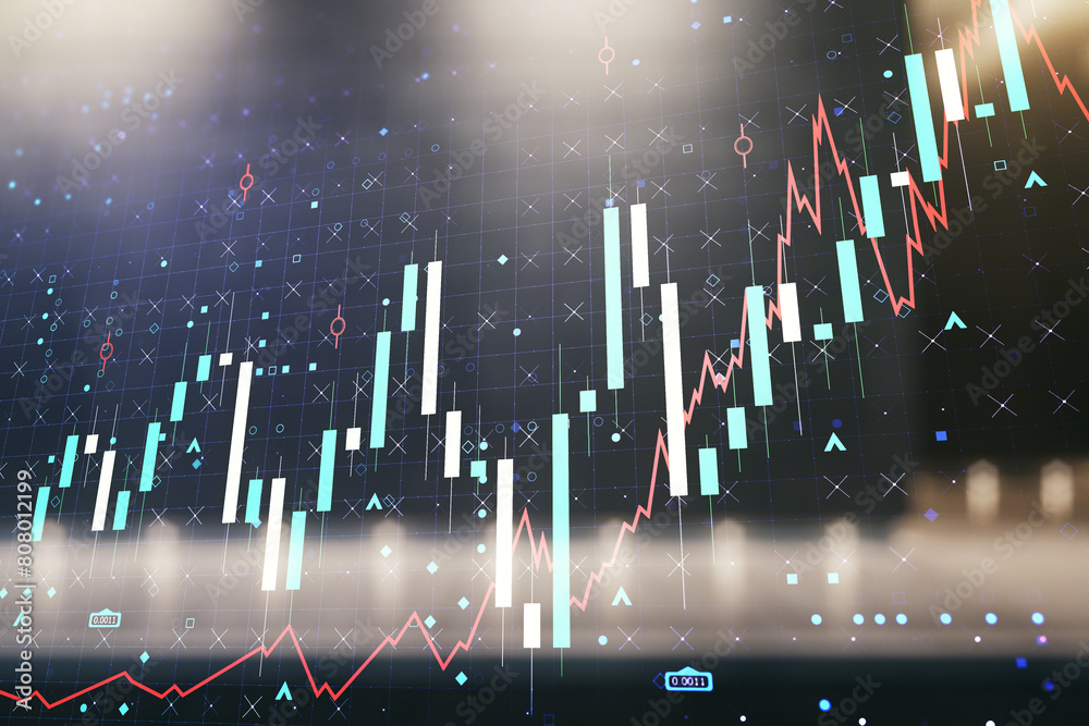 Obraz premium Abstract virtual financial graph hologram on blurry modern office building background, forex and investment concept. Multiexposure