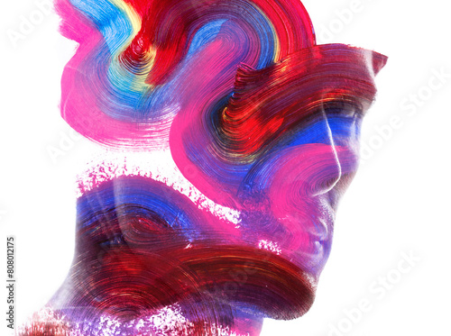 An artistic colorful half profile paintography silhouette of a man