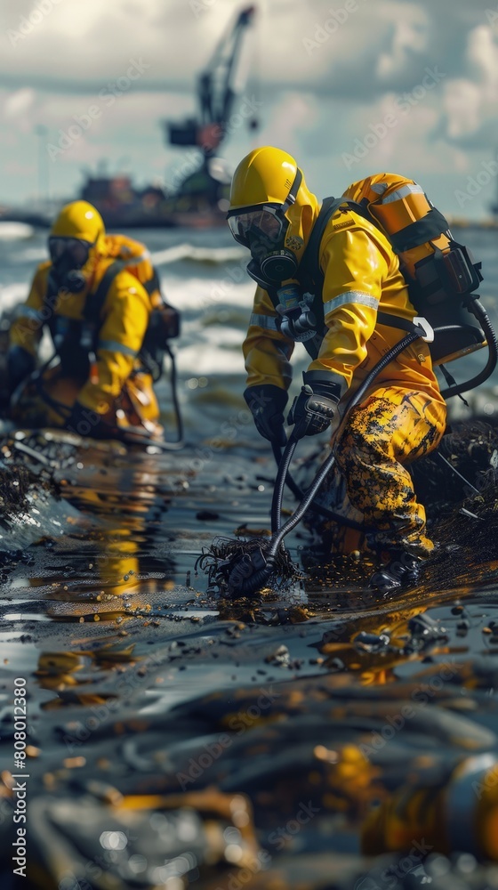 Oil spill cleanup operation, workers in protective gear, coastal impact.