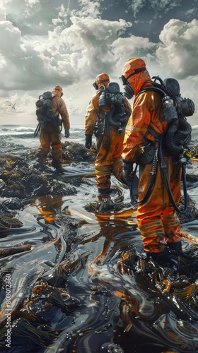 Oil spill cleanup operation, workers in protective gear, coastal impact.
