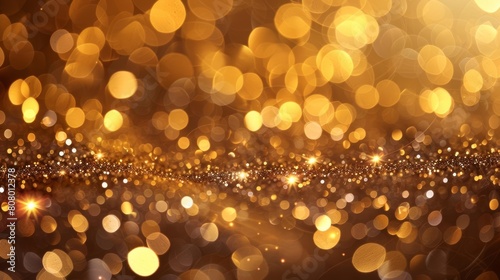 A golden glitter background with bokeh lights and sparkles, creating an elegant and glamorous atmosphere for luxury or festive themes