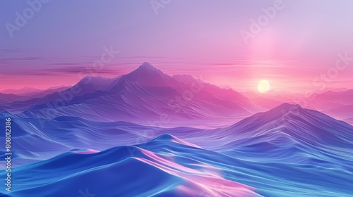 Minimalistic Abstract illustration of sand dunes and mountains in pastel blue  purple  lavender colors  foggy atmosphere depicting a fantasy landscape