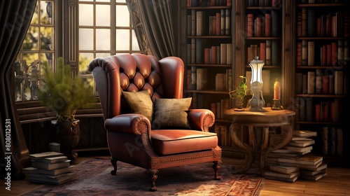 An elegant wingback chair in a cozy reading nook, beckoning you to sink in and get lost in a good book © HMDesigner