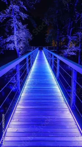 Pedestrian bridge with blue LED lights  tranquil passage          Blue walkway.