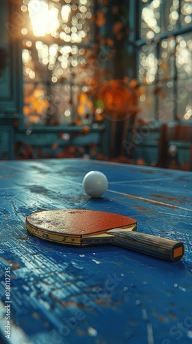 Ping pong paddle and ball, match point, intense focus, blurred background .