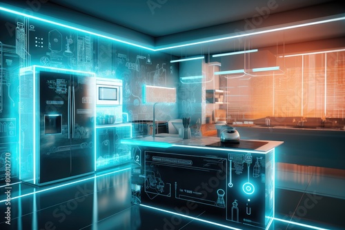 Futuristic Kitchen Interior with Holographic Technology