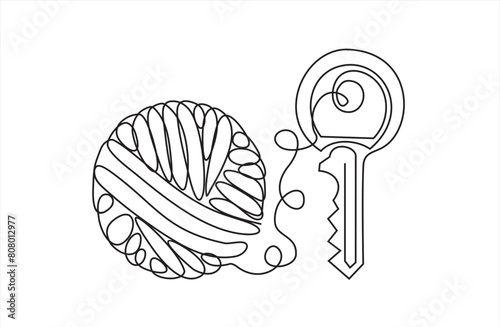 Chaos and key.  Abstract minimalist concept vector illustration. Metaphor of disorganized difficult problem, mess with black single continuous tangle thread in need of unraveling isolated on white