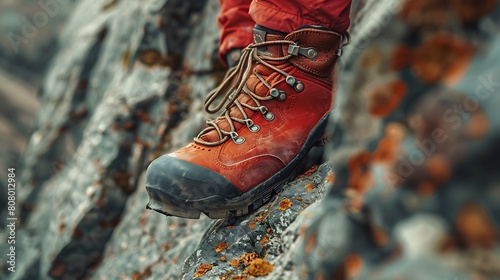 A closeup of Bouldering Climbing shoes, against Rock as background, hyperrealistic sports accessory photography, copy space