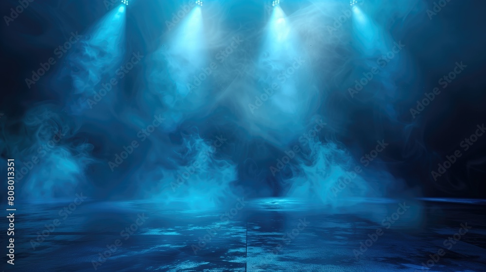 A dark empty street, dark blue background, an empty dark scene, neon light, spotlights The asphalt floor and studio room with smoke float up the interior texture. night view, generative ai