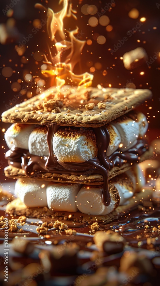 S'mores, gooey marshmallow, melting chocolate, between graham crackers. S'mores, gooey marshmallow, melting chocolate, between graham crackers.