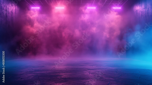 A dark room with three lights and a lot of smoke