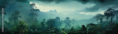 Enigmatic Misty Panorama of a Tropical Rainforest photo