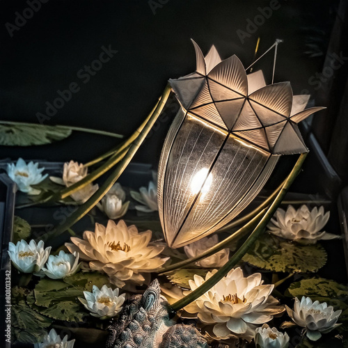 A traditional asian vesak lantern in the blossoming lotus flowers background and bright vesak lantern in the dark background photo