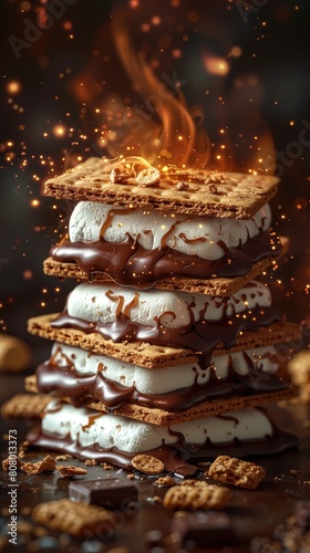 S'mores, gooey marshmallow, melting chocolate, between graham crackers.