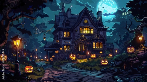 A haunted house with pumpkins and lanterns © tanapat