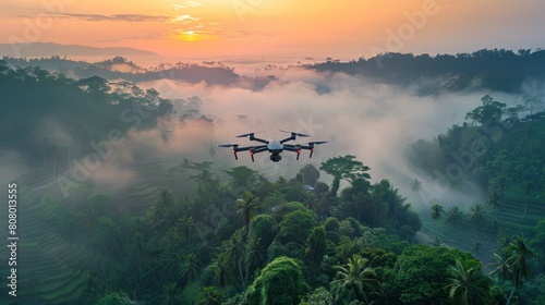 Aerial view of a drone flying over a green agricultural field on a morning mountain view and a drone farmer bridging the gap between nature and cyber technology.