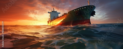 Cargo Ship Sailing into Sunset on the Ocean