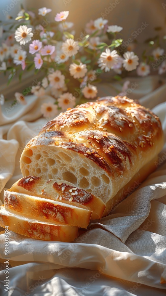 Sourdough bread, crusty and fresh, sliced on a linen cloth. Sourdough bread, crusty and fresh, sliced on a linen cloth.