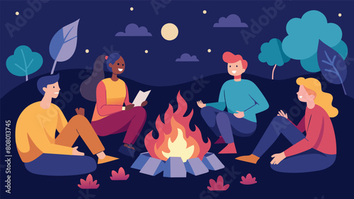 A group of friends gathered around a bonfire roasting marshmallows and sharing stories as a form of distraction and stress relief.. Vector illustration