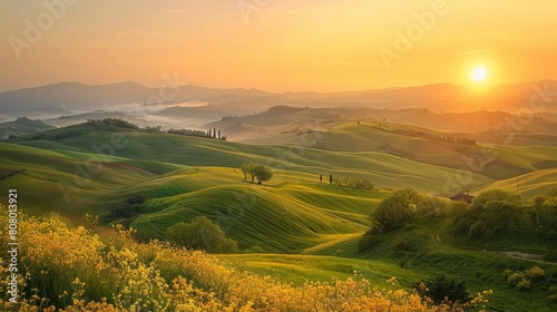 A panoramic view of the sun rising over rolling hills  rural tranquility at dawn