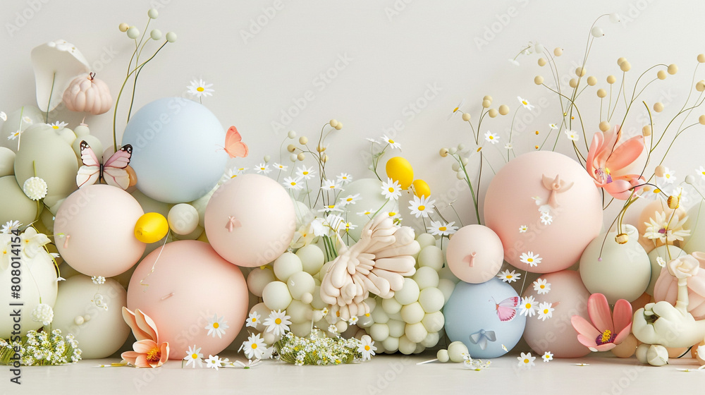 A playful yet elegant spring balloon wall, featuring balloons in shapes of flowers and butterflies in soft pastels, intertwined with real blooms like daisies and buttercups, 