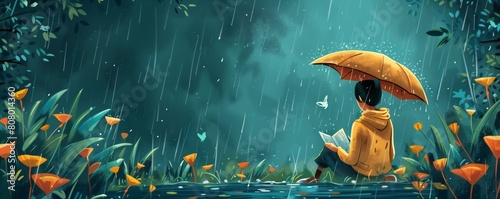Little girl holding an umbrella in the rain.