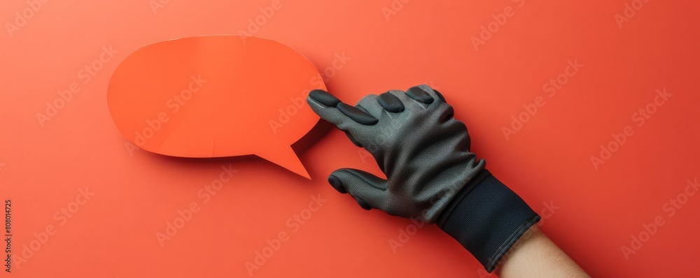 A hand holding a red speech bubble with a black glove. The background is red.