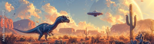 The illustration shows a blue dinosaur walking in the desert. In the sky, a spaceship is flying. photo