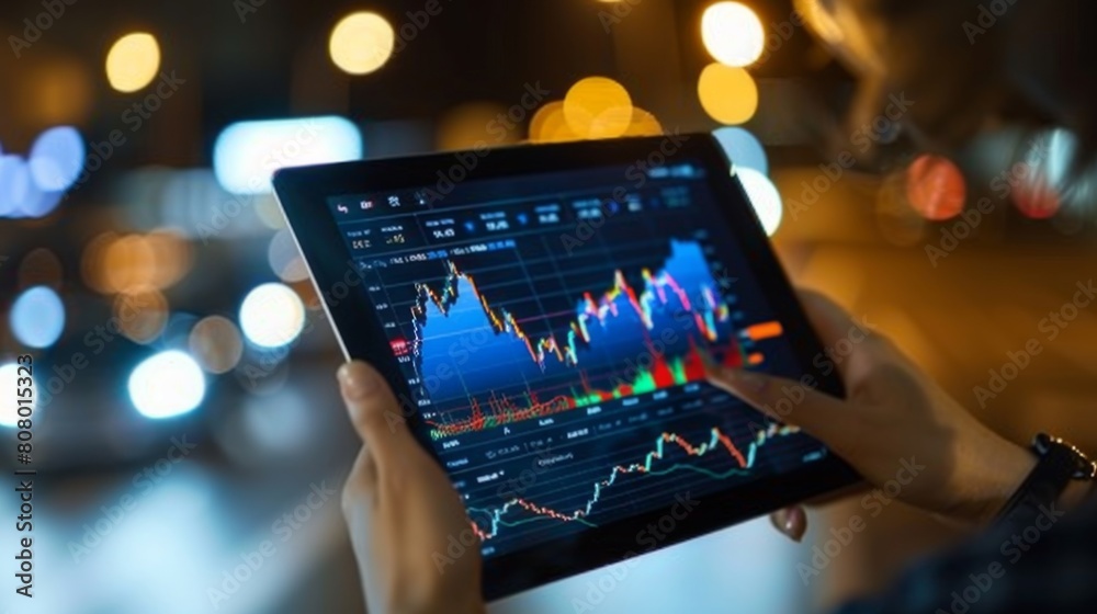 A person holding a tablet with stock market app, monitoring investments A person holding a tablet with stock market app, monitoring investments