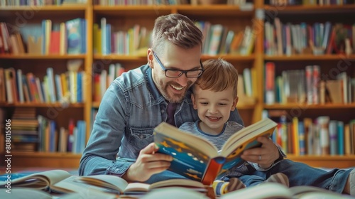 A man and child reading a book in the library  AI