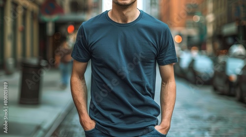 A plain dark blue tightfit tshirt mockup on an attractive young male model with good posture and happy expression
