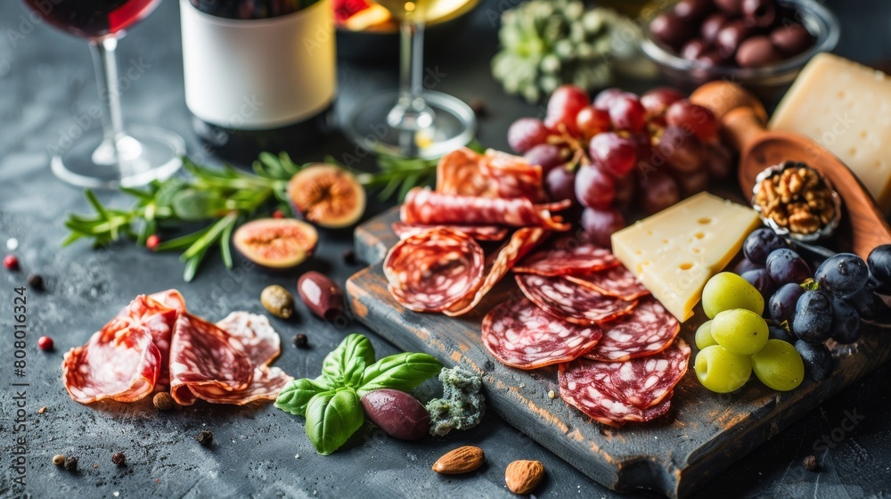 A table with a variety of meats and cheeses, grapes, nuts, AI