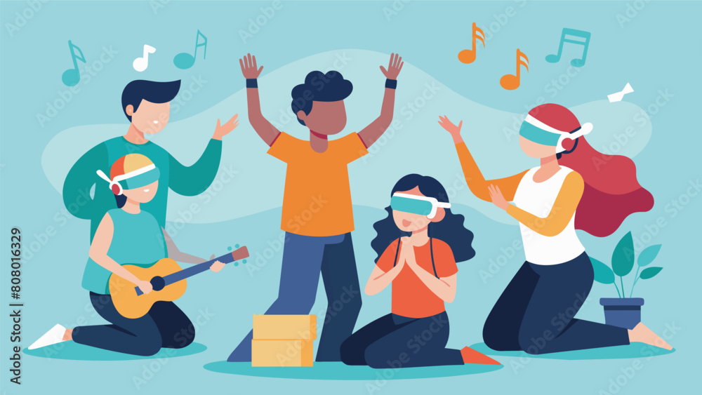 In one exercise students are blindfolded and given instruments to create a group soundscape using their bodies as the canvas for the music they. Vector illustration In one exercise students are blindfolded and given instruments to create a group soundscape using their bodies as the canvas for the music they. Vector illustration