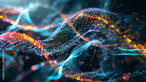 Dynamic digital strands intertwining in an abstract dance of colorful connectivity.