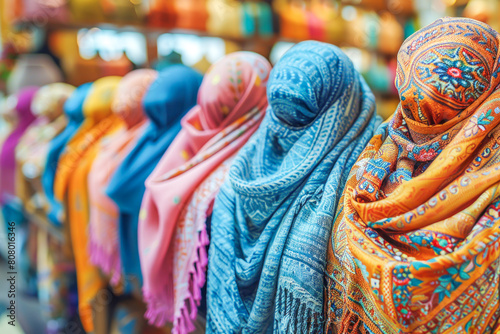 Colorful hijabs displayed in row at small sustainable Eastern textile shop, highlighting intricate patterns and spectrum of colors, embracing traditional and modern styles. Eastern fashion