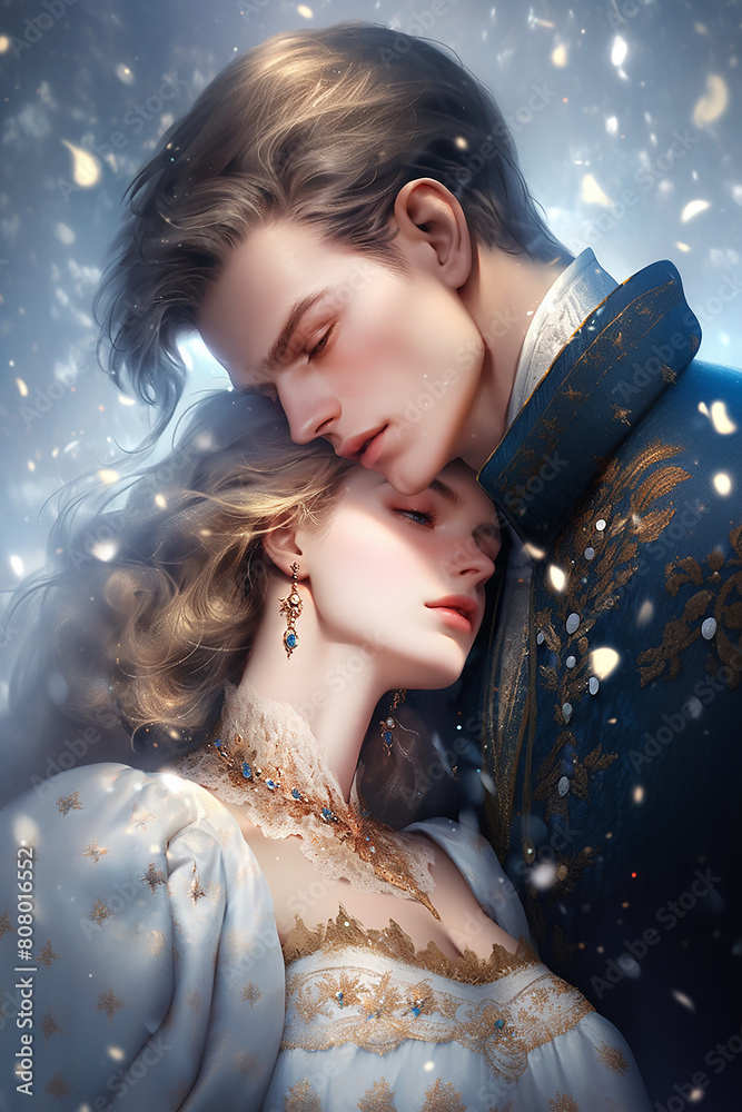 Beautiful winter fantasy couple, aristocrat couple, love fantasy, snowy tale, castle and forest Beautiful winter fantasy couple, aristocrat couple, love fantasy, snowy tale, castle and forest