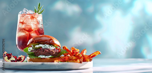 Lamb burger with feta, cucumber tzatziki, za'atar spiced fries, pomegranate spritzer in the light, deep blue transitioning smoothly to white background photo