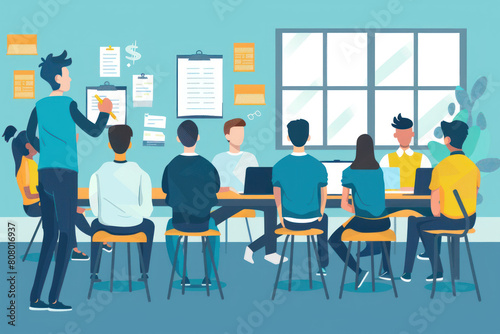 Colleagues sitting in a room and discussing something.