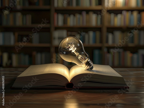 Light bulb on the book. Concept of idea, innovation and creativity.