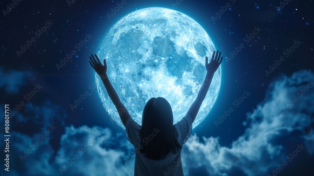 A woman with arms raised in the air, looking up at a full moon, AI A woman with arms raised in the air, looking up at a full moon, AI