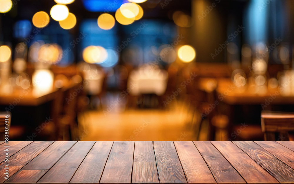 empty wooden table in cafe mockup on blurred background