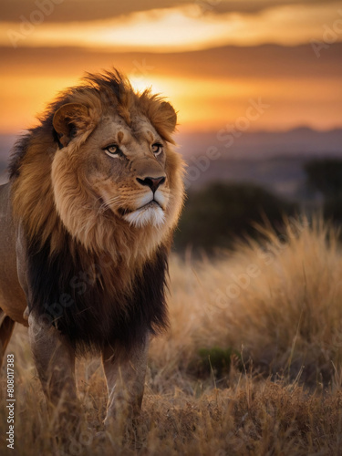 Sunrise Sentinel  Lion s Powerful Stance  Golden Fur Glowing in Dawn s Light  Eyes Fixed on the Horizon