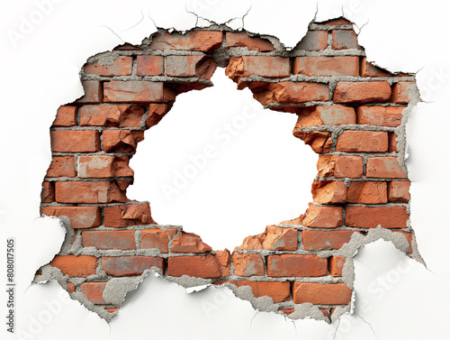 broken red brick wall with hole on transparent background. white background. cut out.