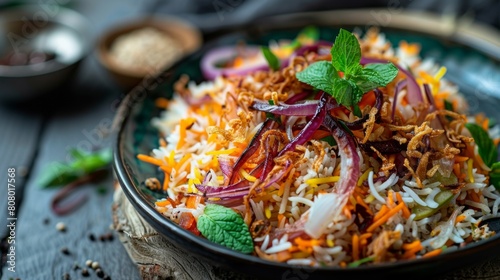 A plate of colorful vegetable biryani garnished with fried onions and mint leaves