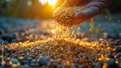 hand sows grains of wheat into the ground. The photo can be used to illustrate the Gospel parable of the sower photo