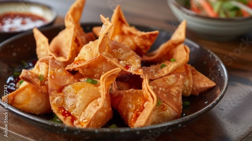 A plate of crispy fried wontons served with sweet chili dipping sauce
