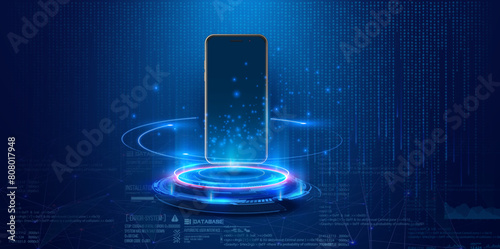 Advanced Technology Concept with Smartphone and Glowing Data Stream. Smartphone integrated with advanced technology, emitting a radiant data stream on a futuristic blue digital background. Vector © ZinetroN