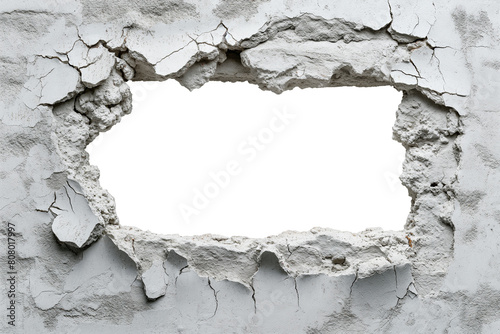 hole breaking through old grey cracked concrete wall. white background. cut out.