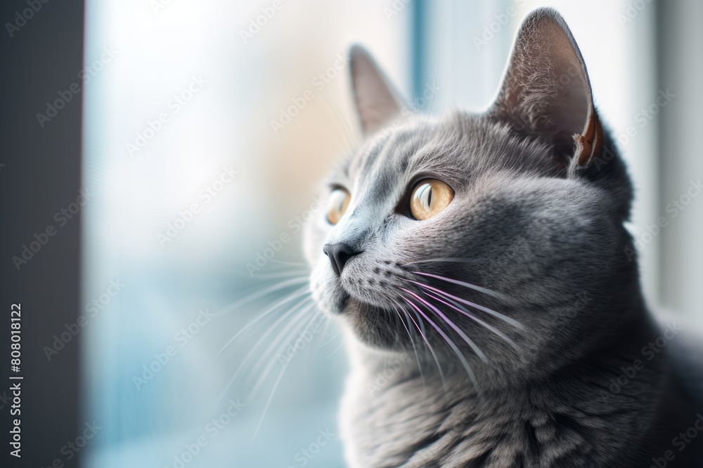 Close-up portrait photography of a cute russian blue cat scratching on bright window
